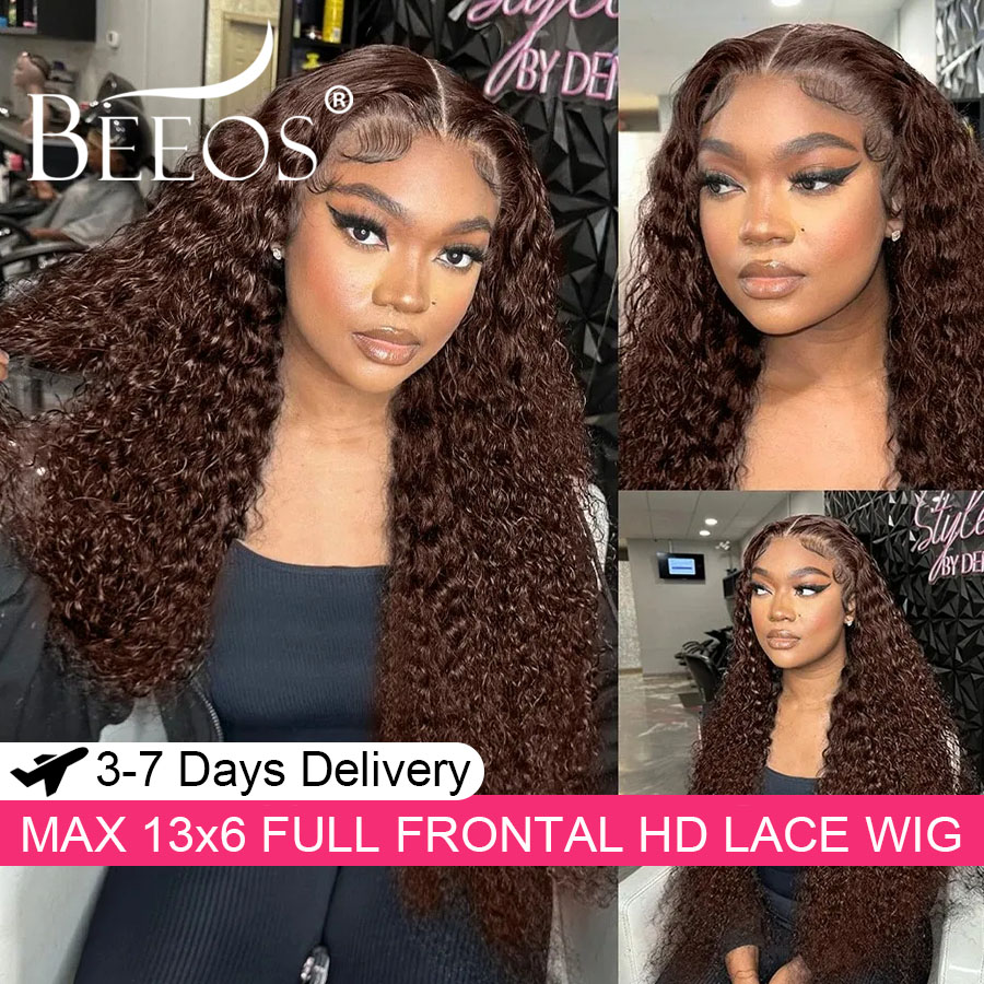 Human Hair Wigs - 超密着ダークブラウン13x6 HD透明レースフルフロントウィッグ人毛ウォーターウェーブカラーカーリーウィッグ100%人毛レミー