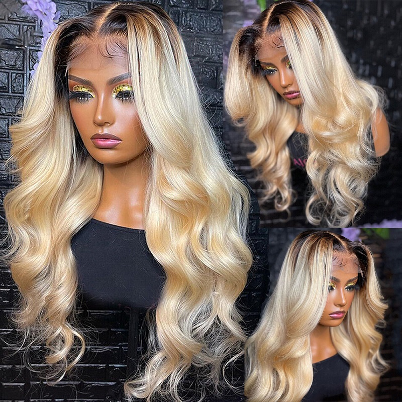 613 Blonde Body Wave Lace Front Wig - 1B 613 ボディウェーブ人毛ウィッグ 13x6 HDレースフロントウィッグ ブラジル産ツートーンダークルートオンブレブロンドレースフロントウィッグ