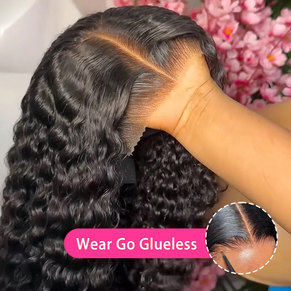 Glueless Wear And Go Human Hair Wig - 接着剤不要の人毛ウィッグ、プレプラッキング済み、プレカット済み、7x5 HDレースクロージャーウィッグ、人毛ウィッグ、装着簡単、接着剤不要、250密度、ディープウェーブカーリーレースフロントウィッグ、黒人女性向け、ウェットアンドウェイビー、自然なヘアライン