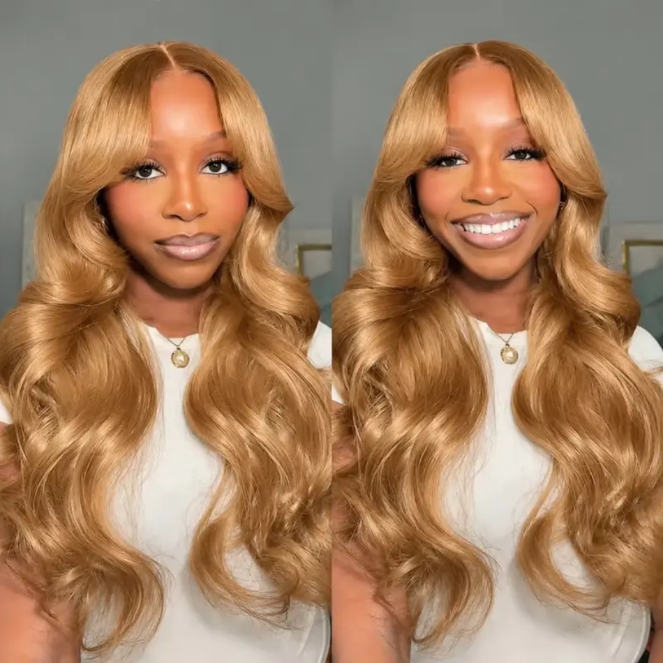 Hd Lace Frontal Wig Human Hair Pre Plucked - ハニーブロンドのウェーブヘアウィッグ、13x6 HDレースフロント、人毛使用、27 # ハニーブロンドのウィッグ。事前に染色済み。13x4の透明レースフロントウィッグ。女性用で、前髪部分は事前に処理済み。