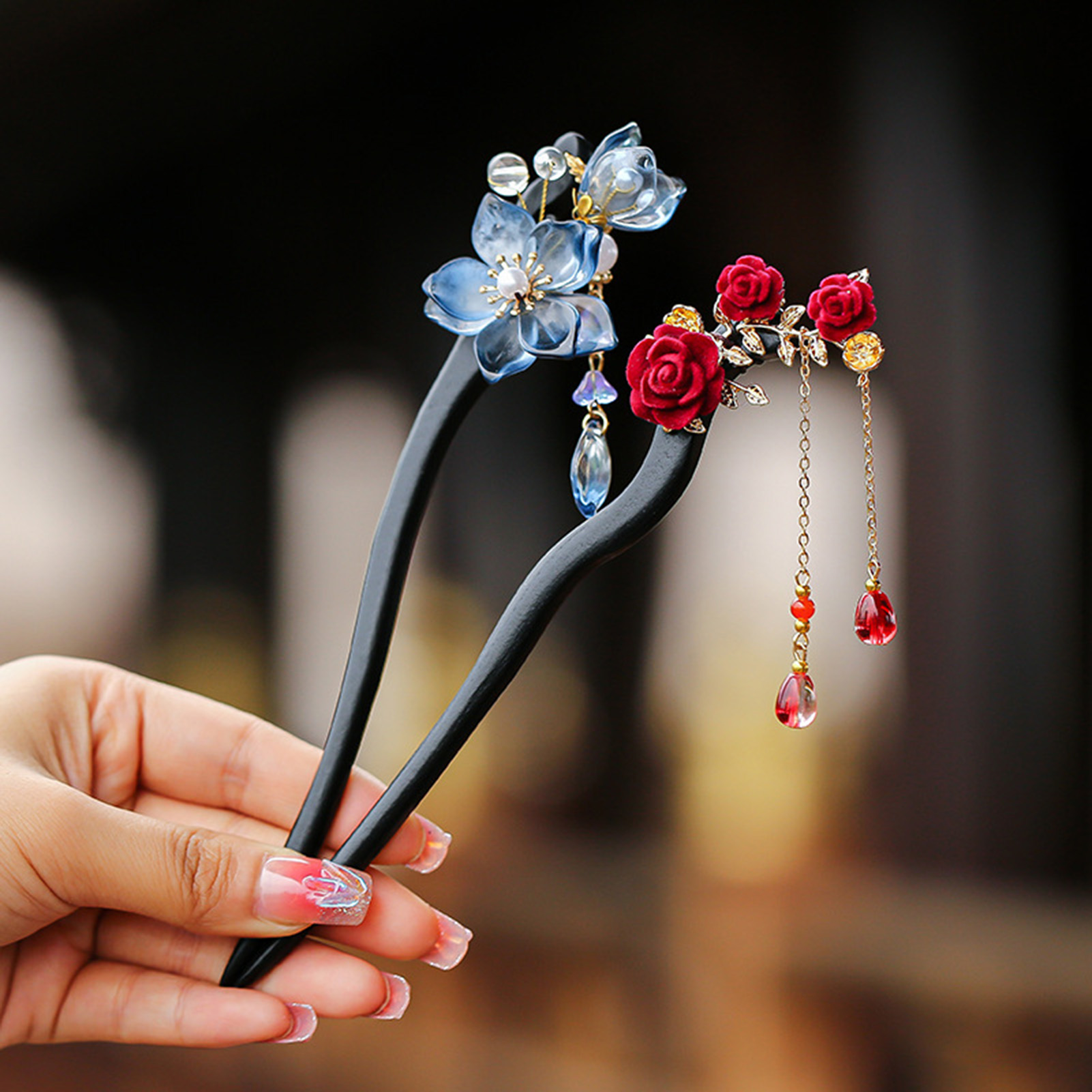 Hair Bundles - 中国風の花のタッセルヘアピンヴィンテージ木製花柄パールヘアスティック絶妙なエレガントなヘアクリップ女の子のヘアアクセサリー