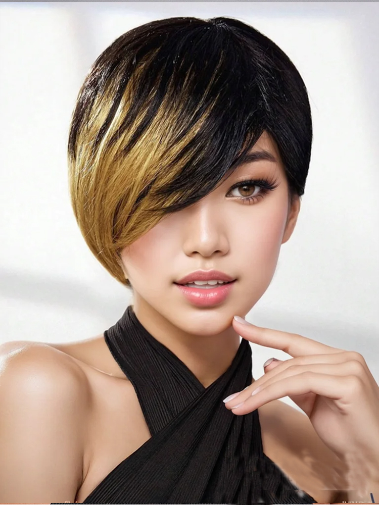 Short Pixie Cut Wig Human Hair Cheap - 女性用ショートストレートヘアウィッグ,ナチュラルヘアウィッグ,フルメインウィッグ,安いウィッグ,日常着,# f1b/27,FY-019