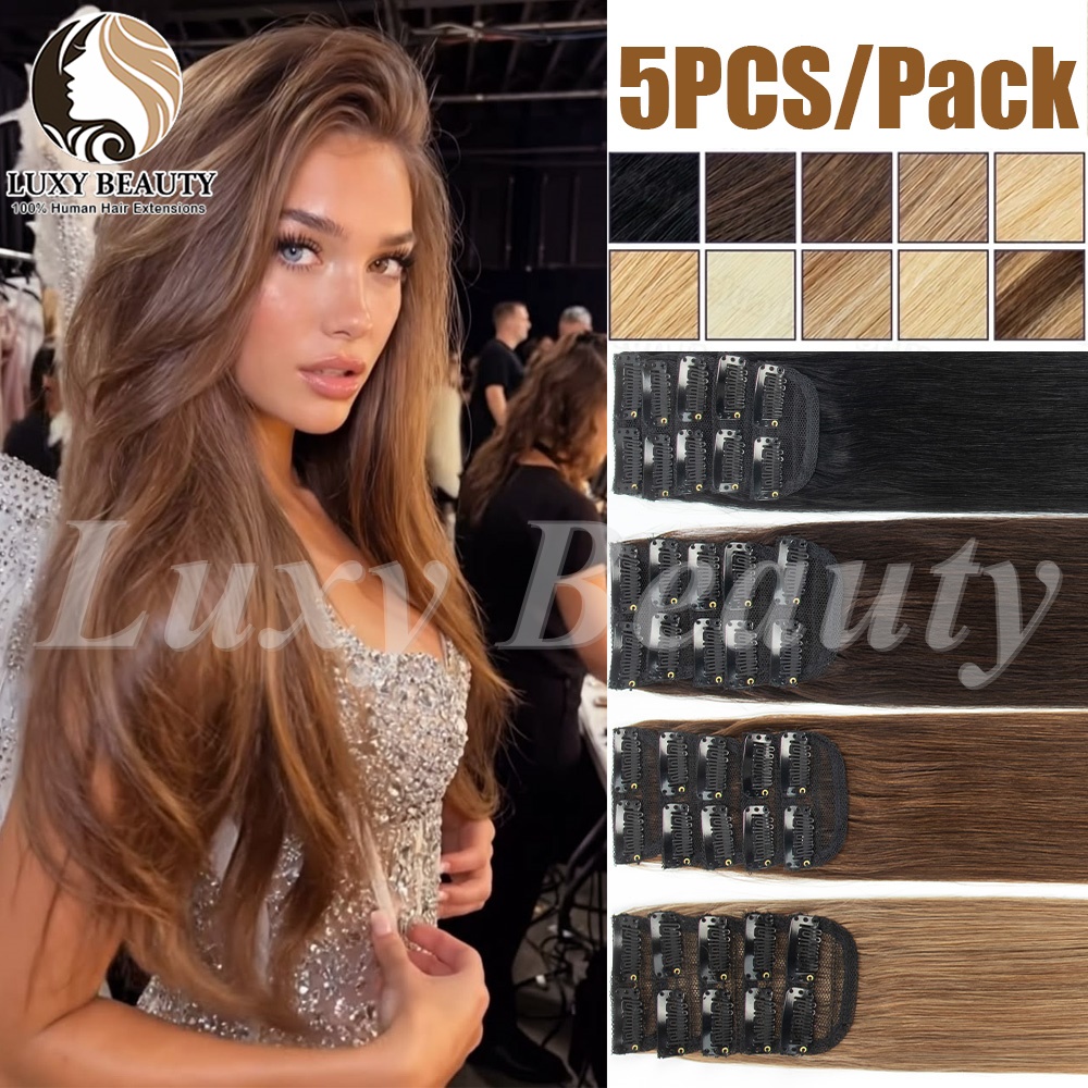 Seamless Clip In Hair Extensions Human Hair - 5ピース ショートクリップインヘアエクステンション 本物の人毛 ブラウン インビジブル ミニショートクリップインヘアピース