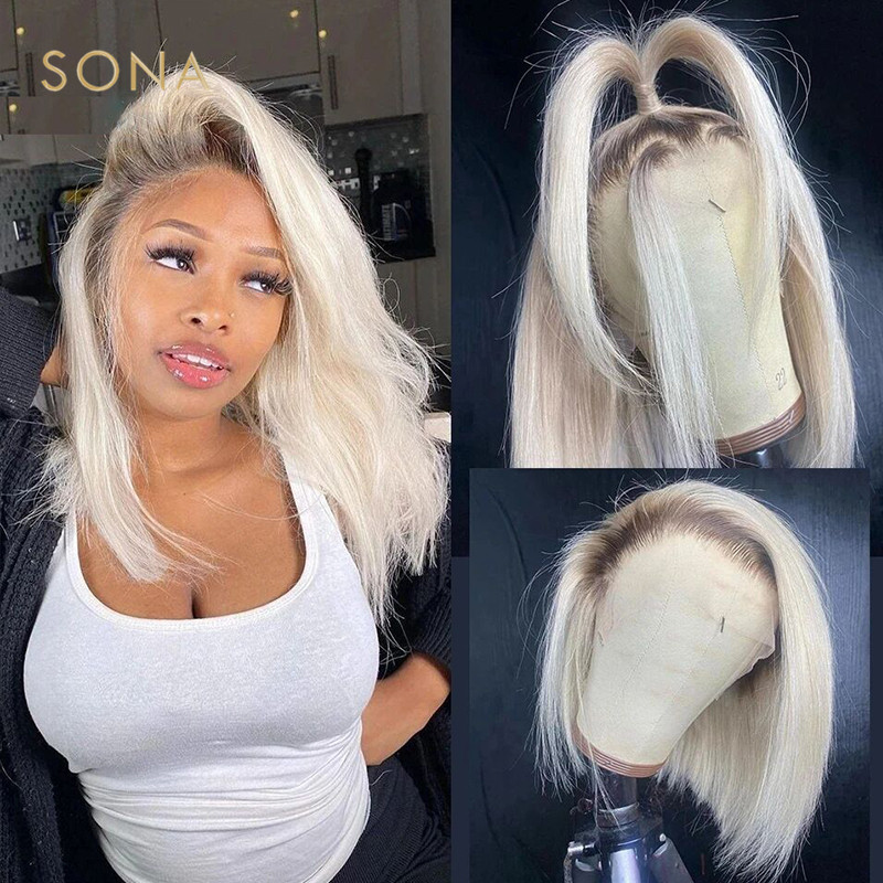 Glueless Wear And Go Human Hair Wig - ボブレースフロントウィッグショートストレートプラチナカラー,事前に摘み取られた人間の髪の毛,金髪のシルバーホワイトアッシュ,13x6レースフロントウィッグ