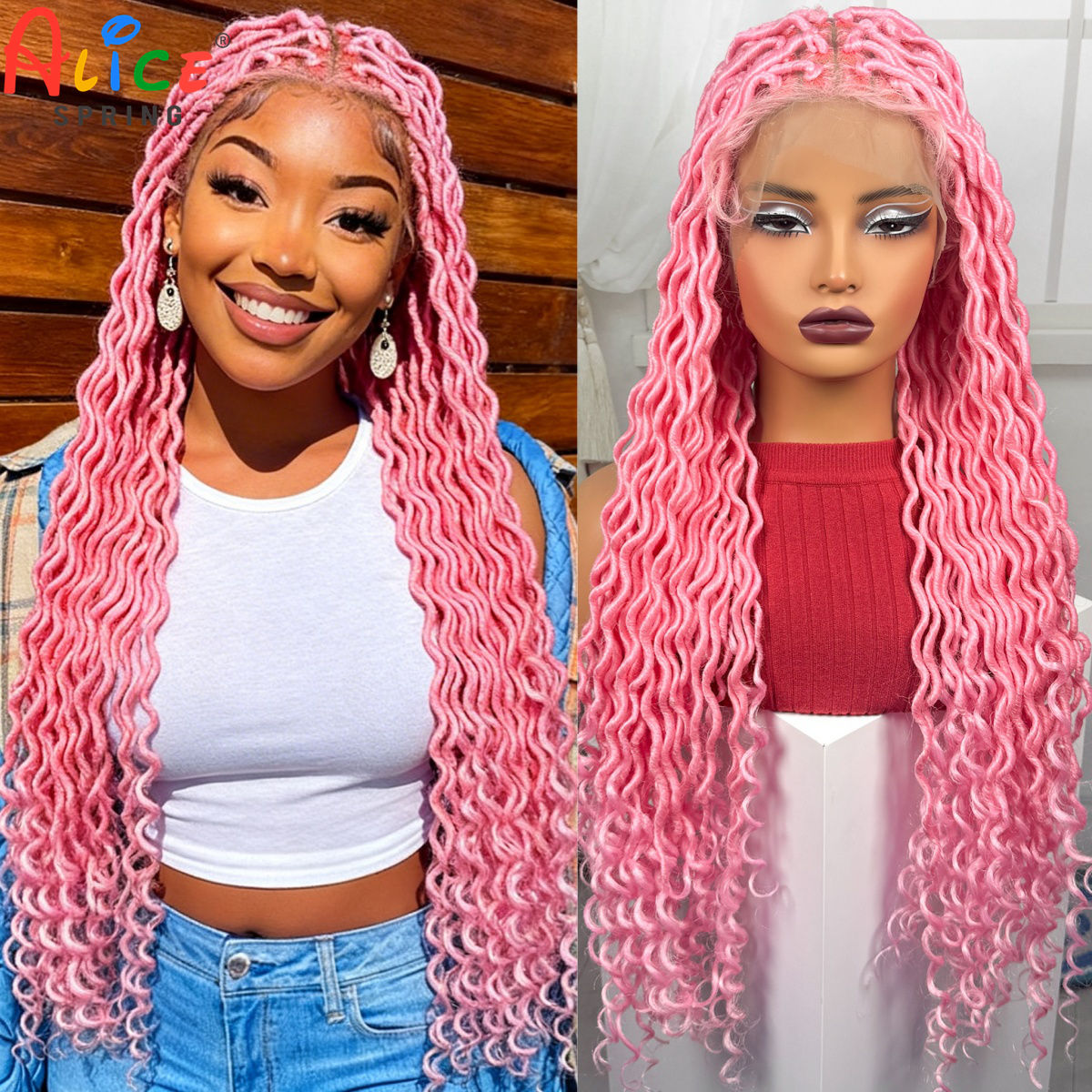 Synthetic Braided Wigs For Black Women - ピンクカラーのフルレース編み込みウィッグ、合成ノットレスボックスゴッデス風フェイクロックス、パッションツイストブレイズウィッグ（黒人女性向け）