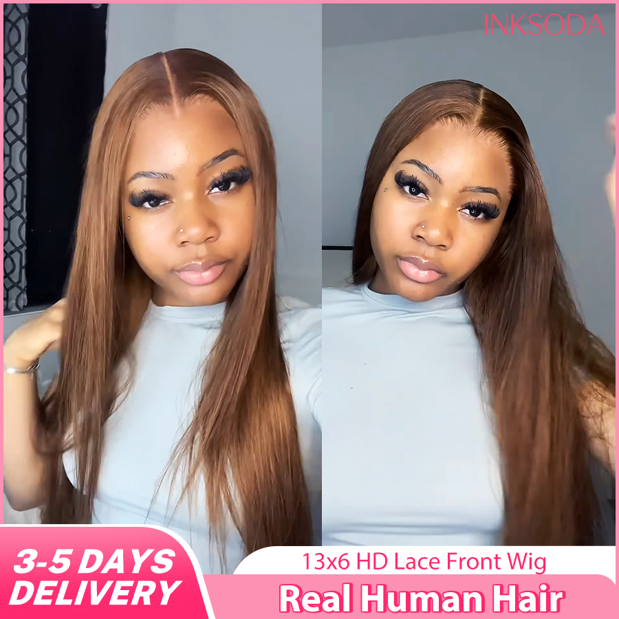 Human Hair Wigs - 220%高密度34インチチョコレートブラウンボーンストレートレースフロント人毛ウィッグストレートウィッグ13x6透明HDレースフロントウィッグ