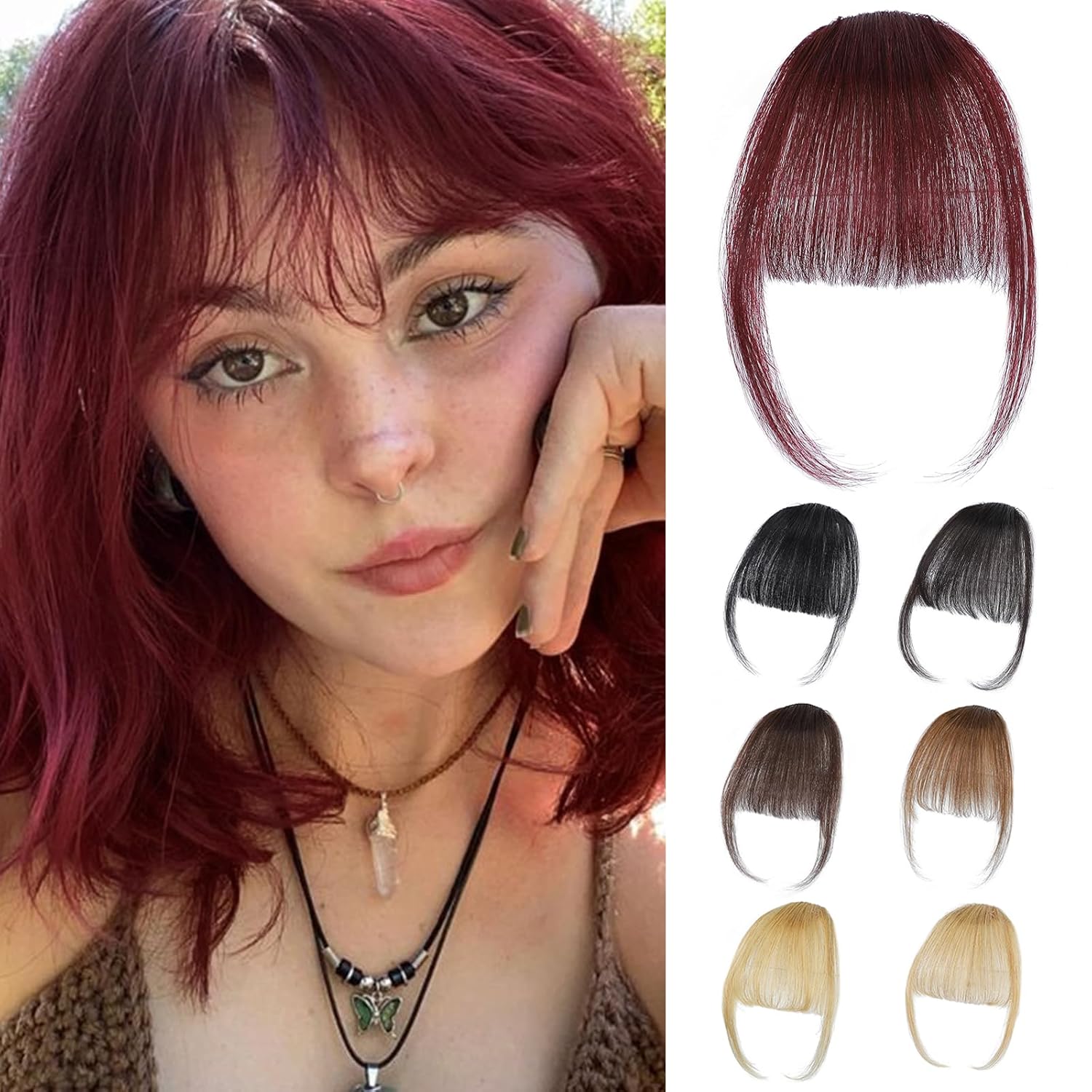 Seamless Clip In Hair Extensions Human Hair - 女性用フリンジクリップ付きバーガンディ,100% 本物の人間の髪の毛,ヘアエクステンション,フェイクフリンジ,日常使用