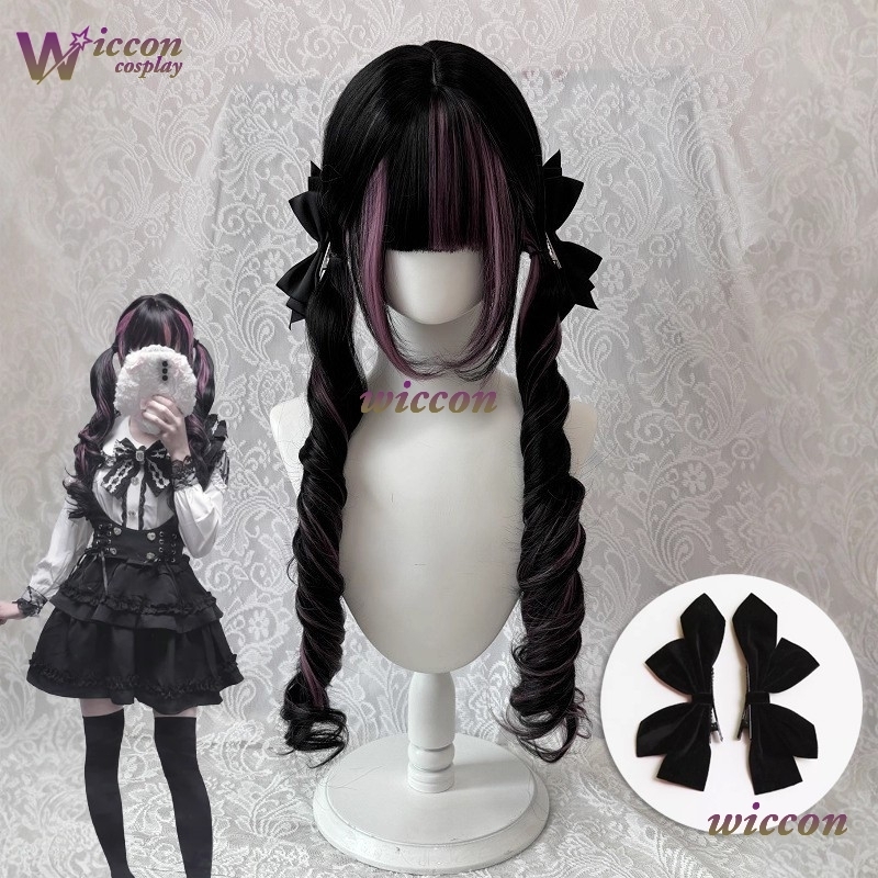 Human Hair Wigs - コミック ‌ 黒ウィッグ ピンク付き コスプレウィッグ 前髪付き