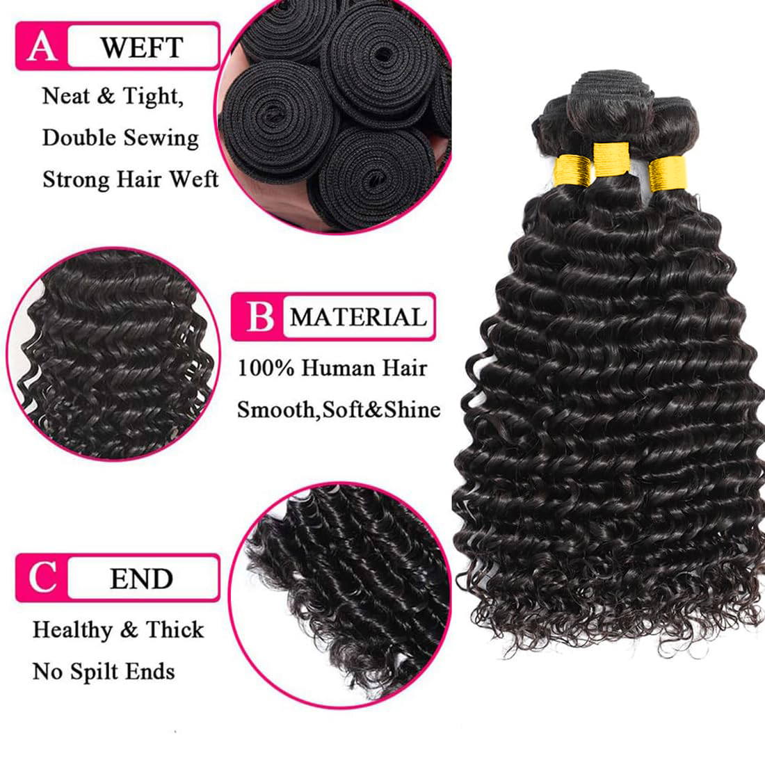 ディープウェーブ人毛ヘアバンドル（クロージャー付き）ブラジル - Deep Wave 3 Bundles With Closure のレビューと価格