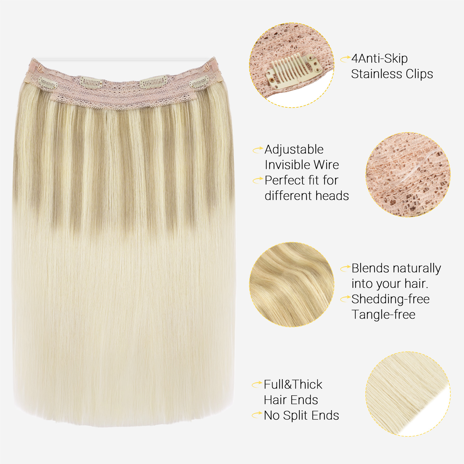 Sunmofavo ワイヤーハローヘアエクステンション 本物 - Seamless Clip In Hair Extensions Human Hair のレビューと価格