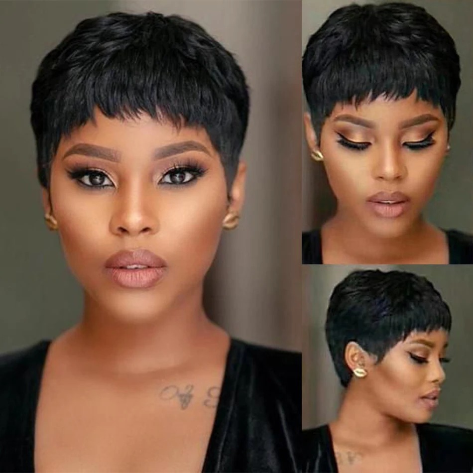 ショートストレートボブウィッグピクシーカットかつら人毛黒人女 - Short Pixie Cut Wig Human Hair Cheap のレビューと価格