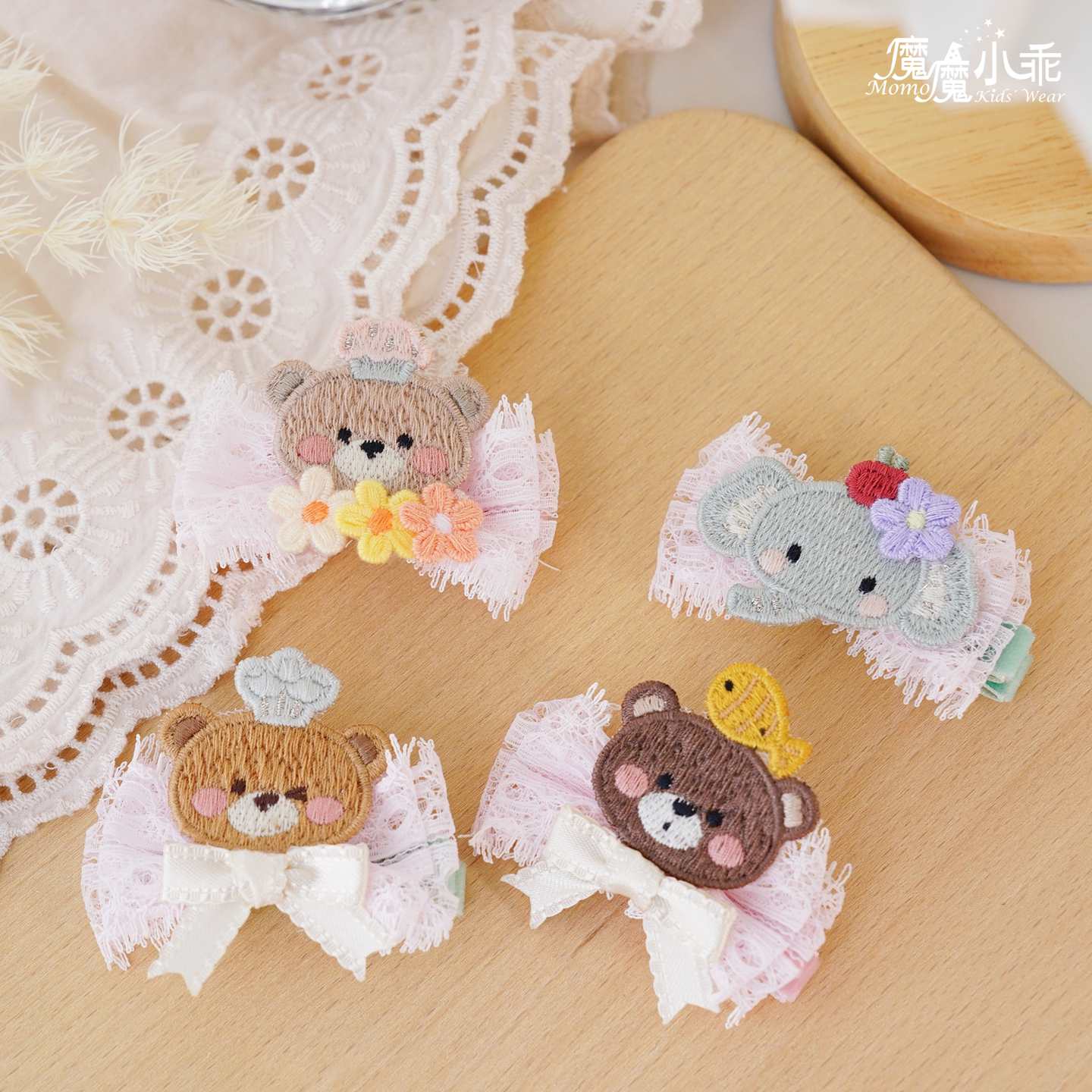 スイートピンクのレースリボンキッズヘアクリップ、クマとゾウの - Hair Clips のレビューと価格