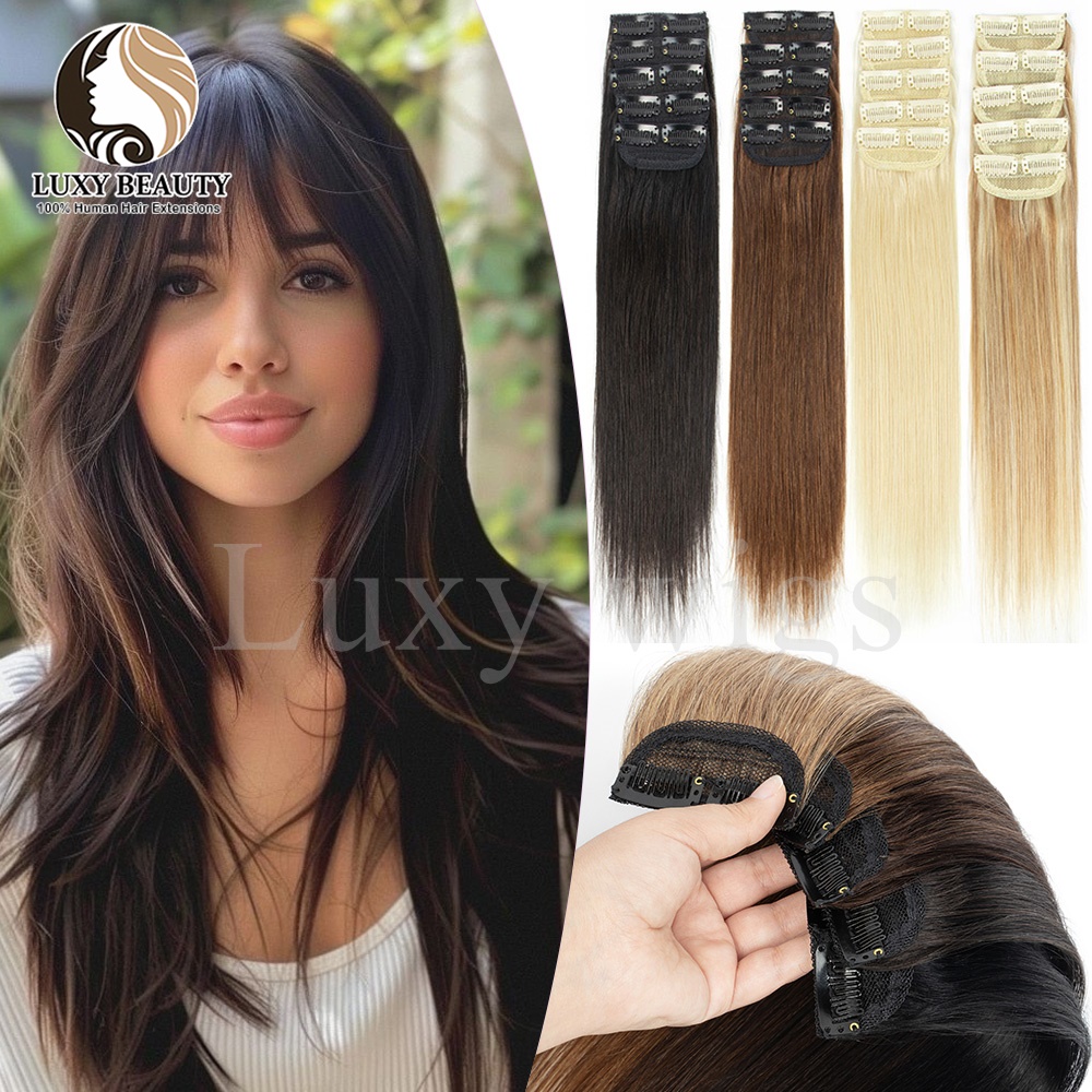 5ピース ショートクリップインヘアエクステ 人毛 ブラウン  - Seamless Clip In Hair Extensions Human Hair のレビューと価格