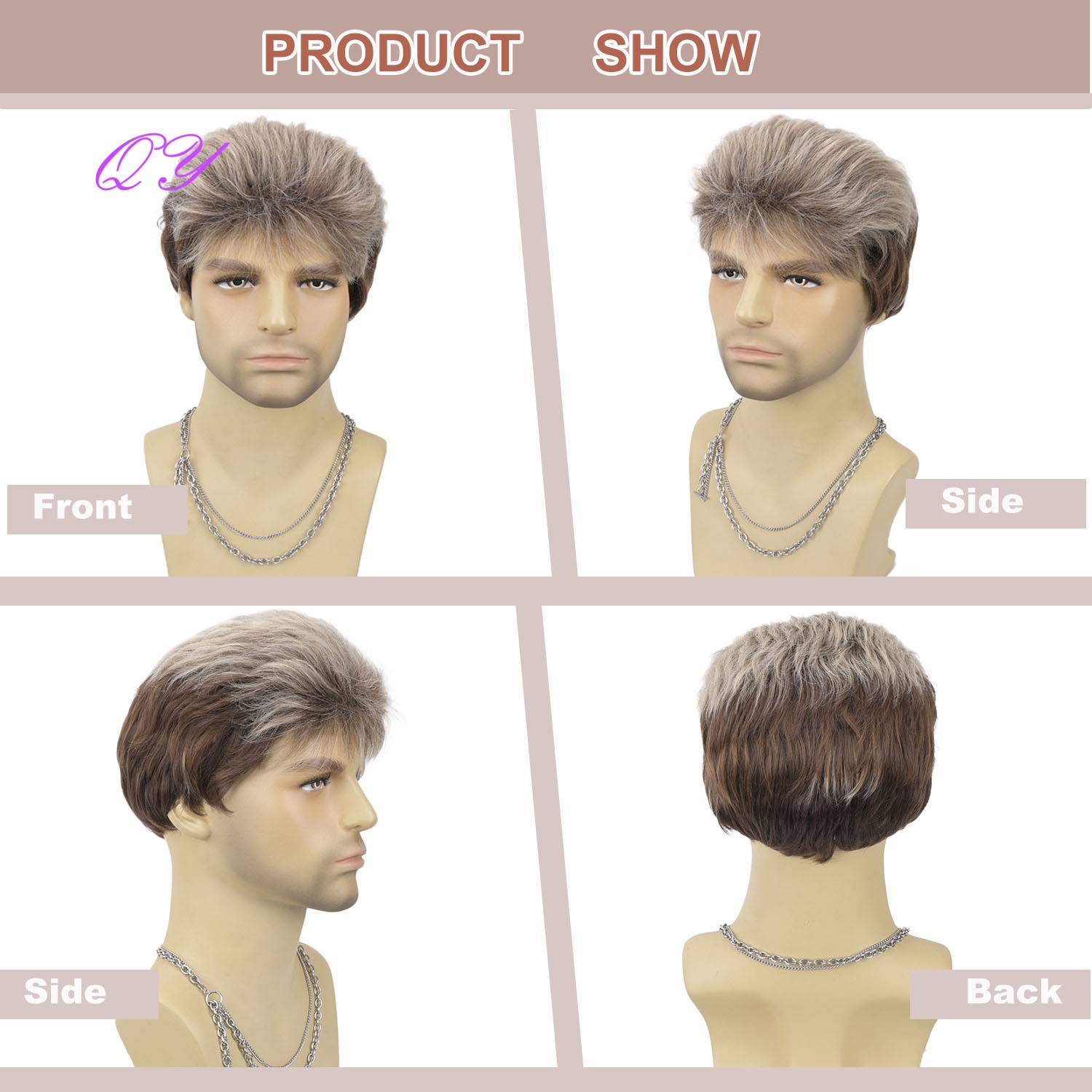 合成ショートブラウン亜麻色メンズレイヤードふわふわウィッグ前 - Synthetic Wigs のレビューと価格