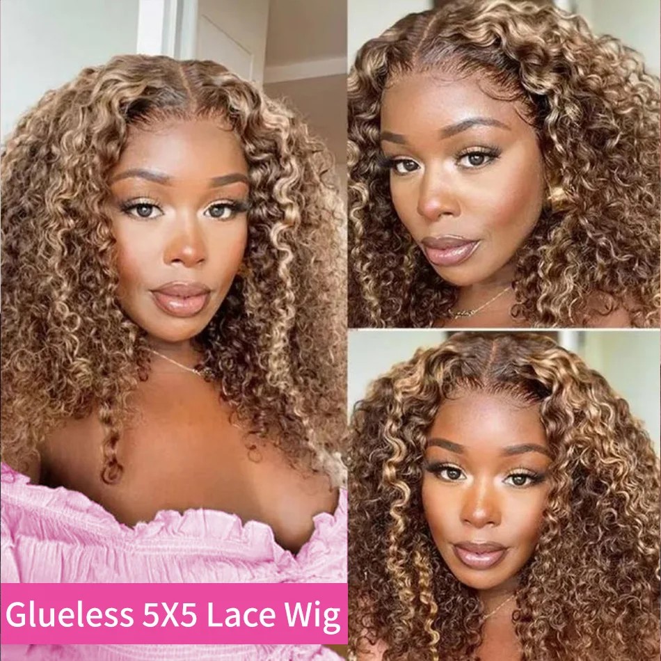 カーリーショートボブウィッグ人毛グルーレスハイライト4/27 - Glueless Wear And Go Human Hair Wig のレビューと価格