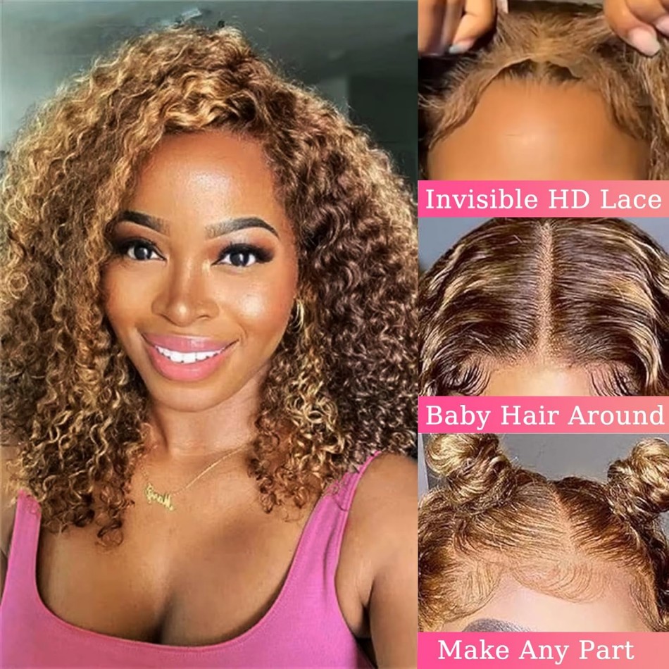 カーリーショートボブウィッグ人毛グルーレスハイライト4/27 - Glueless Wear And Go Human Hair Wig のレビューと価格