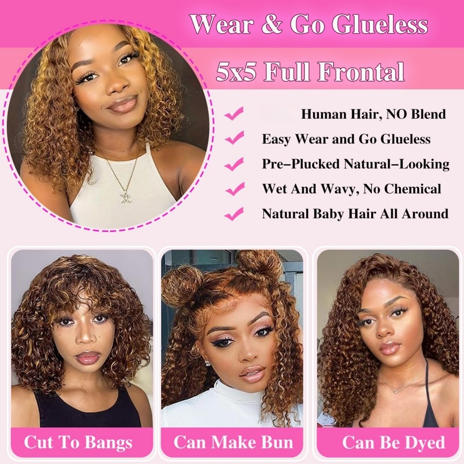 カーリーショートボブウィッグ人毛グルーレスハイライト4/27 - Glueless Wear And Go Human Hair Wig のレビューと価格